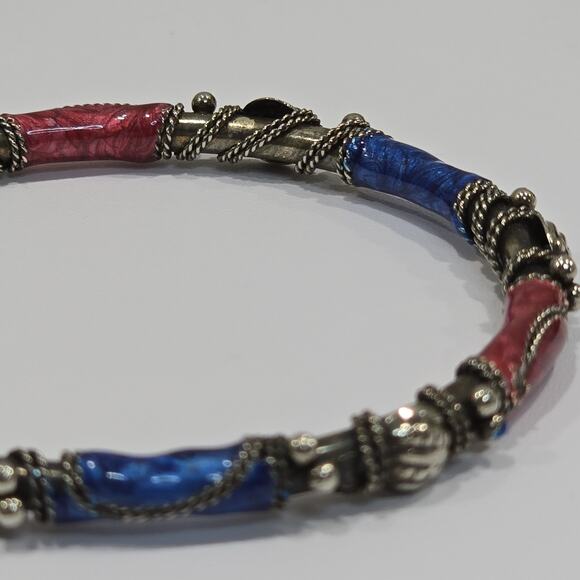Vintage Boho Ornate Pink Blue Enamel Silver Wire Wrapped Bangle Bracelet - Picture 8 of 14